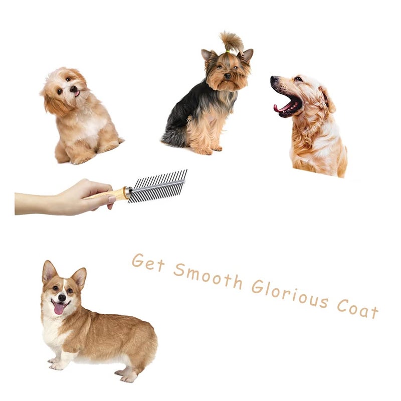 koofull Dog Cat Pet Comb Double-Sided Grooming Brush Metal Comb for Loosening up Removing Mats Debris Tangles and Knots Wooden Handle Stainless Steel Tooth Perfect for Honghair Pets - Image 5